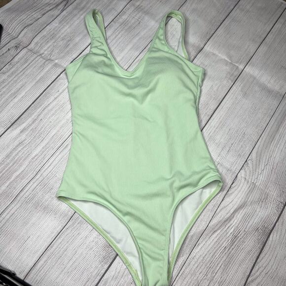 Zaful Sage Green Crinkle Ribbed One Piece Deep Scoop Neck One Piece Swimsuit S - Picture 4 of 8